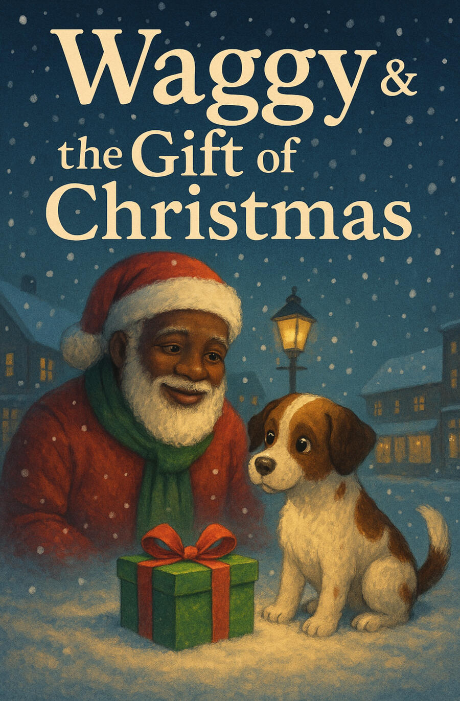 Waggy & the Gift of Christmas, Written by Pemba Umoja A traditional, storybook-style illustrated book cover featuring a joyful brown-and-white dog named Waggy beside an elderly man pushing a chestnut cart through a snowy town square. The scene glows with holiday warmth, decorated with festive lights and everg