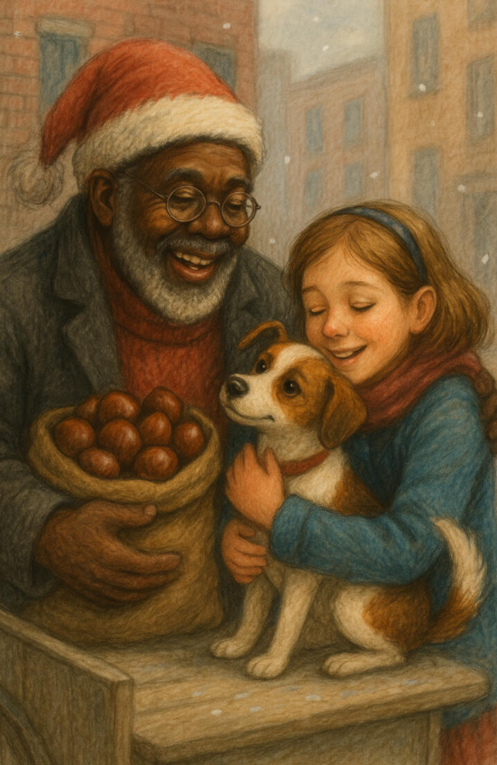 Waggy & the Gift of Christmas, Chapter 3, Written by Pemba Umoja A nostalgic illustration of a snowy street corner on Black Friday. Nancy stands at the edge of the sidewalk, eyes wide with emotion, as she sees Papa Giuseppe slowly pushing his chestnut cart, hunched and aged, but smiling warmly. Waggy trots beside him, t