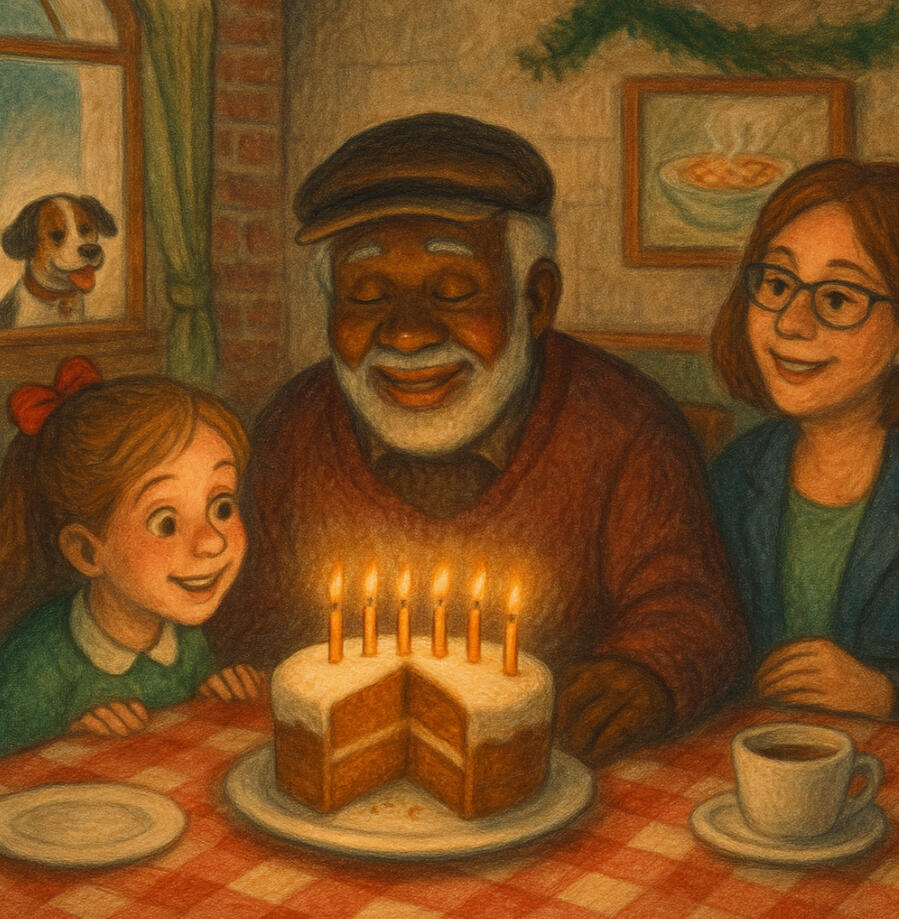 Waggy & the Gift of Christmas – Chapter 4, Written by Pemba Umoja A cozy holiday illustration showing Nancy, her mom, and Papa Giuseppe seated at a small table in a cheerful Italian restaurant. A slice of carrot cake with glowing candles sits in front of Papa Giuseppe, who looks touched and joyful. Waggy peers through th