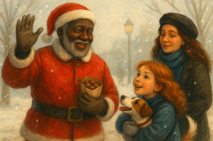 Waggy & the Gift of Christmas – Chapter 5, Written by Pemba Umoja A tender winter illustration of Nancy hugging Waggy tightly on a snowy city street, while Papa Giuseppe, bundled in his old sweater and new gloves, waves goodbye beside his chestnut cart. Nancy’s mom stands nearby, holding a small wrapped gift. The warm gl