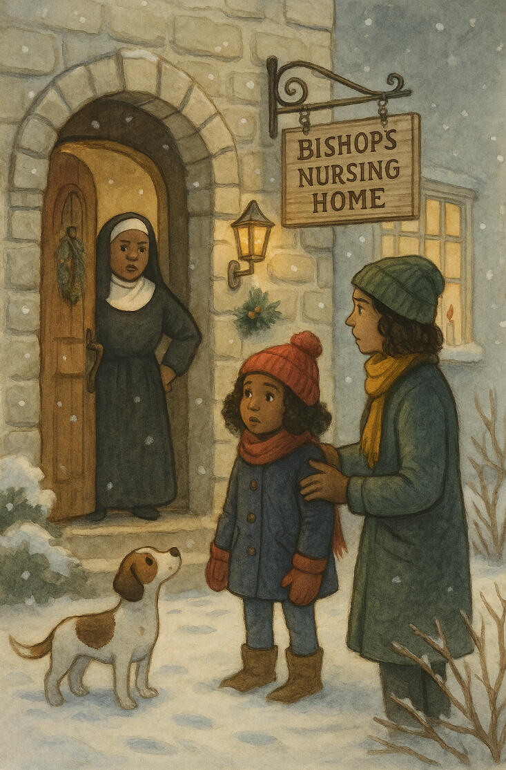 Waggy & the Gift of Christmas – Chapter 6, Written by Pemba Umoja A gentle, storybook-style illustration of Nancy and her mom following Waggy through quiet snowy streets. Waggy leads them past a cemetery gate and down Pine Street toward a modest stone building marked “Bishop’s Nursing Home.” The windows glow with soft ca