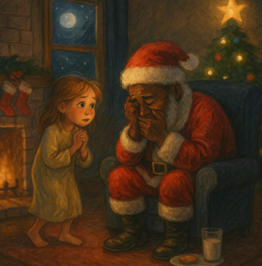 Waggy & the Gift of Christmas – Chapter 8, Written by Pemba Umoja A magical Christmas Eve scene inside Nancy’s softly lit living room. Nancy, wearing pajamas, peers around the corner as Santa—revealed to be Papa Giuseppe—sits on the couch, holding her heartfelt letter with tears in his eyes. The carrot cake plate is empt