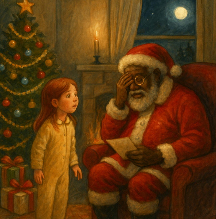 Waggy & the Gift of Christmas – Chapter 9, Written by Pemba Umoja A joyful Christmas morning illustration of Nancy sitting beside a glowing tree, surrounded by unwrapped gifts and a torn stocking. In her hand, she holds a giant, shiny chestnut, her eyes wide with recognition and wonder. Her parents look on, smiling warml